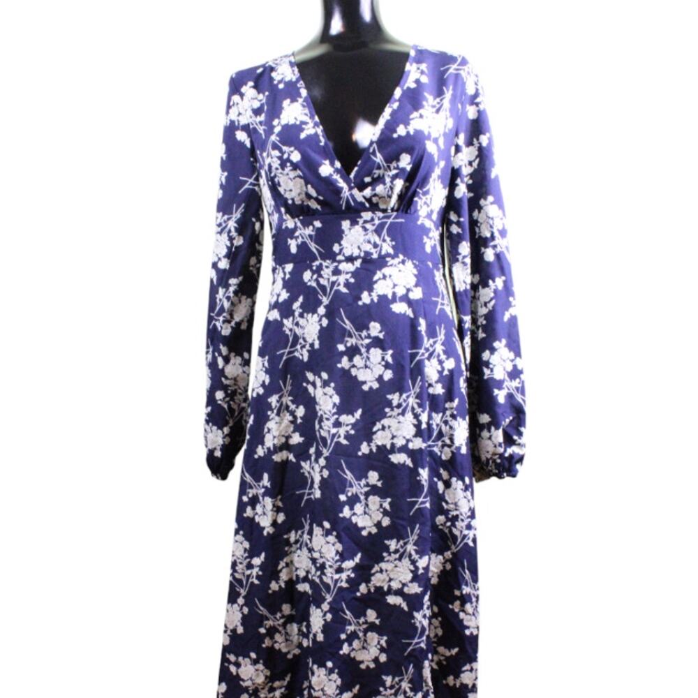Shein V-Neck Lightweight Floral Print Midi Dress, size 4 (Blue Cream) ~Pre-Loved